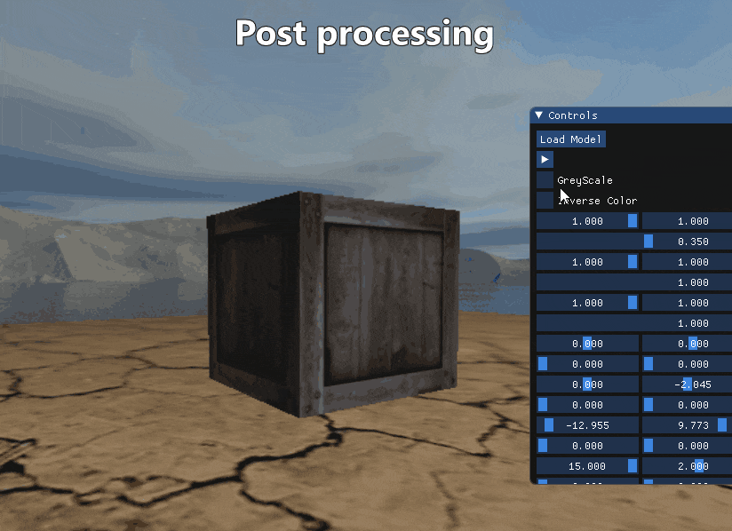 A GIF showing post processing effects like greyscale and color inversion